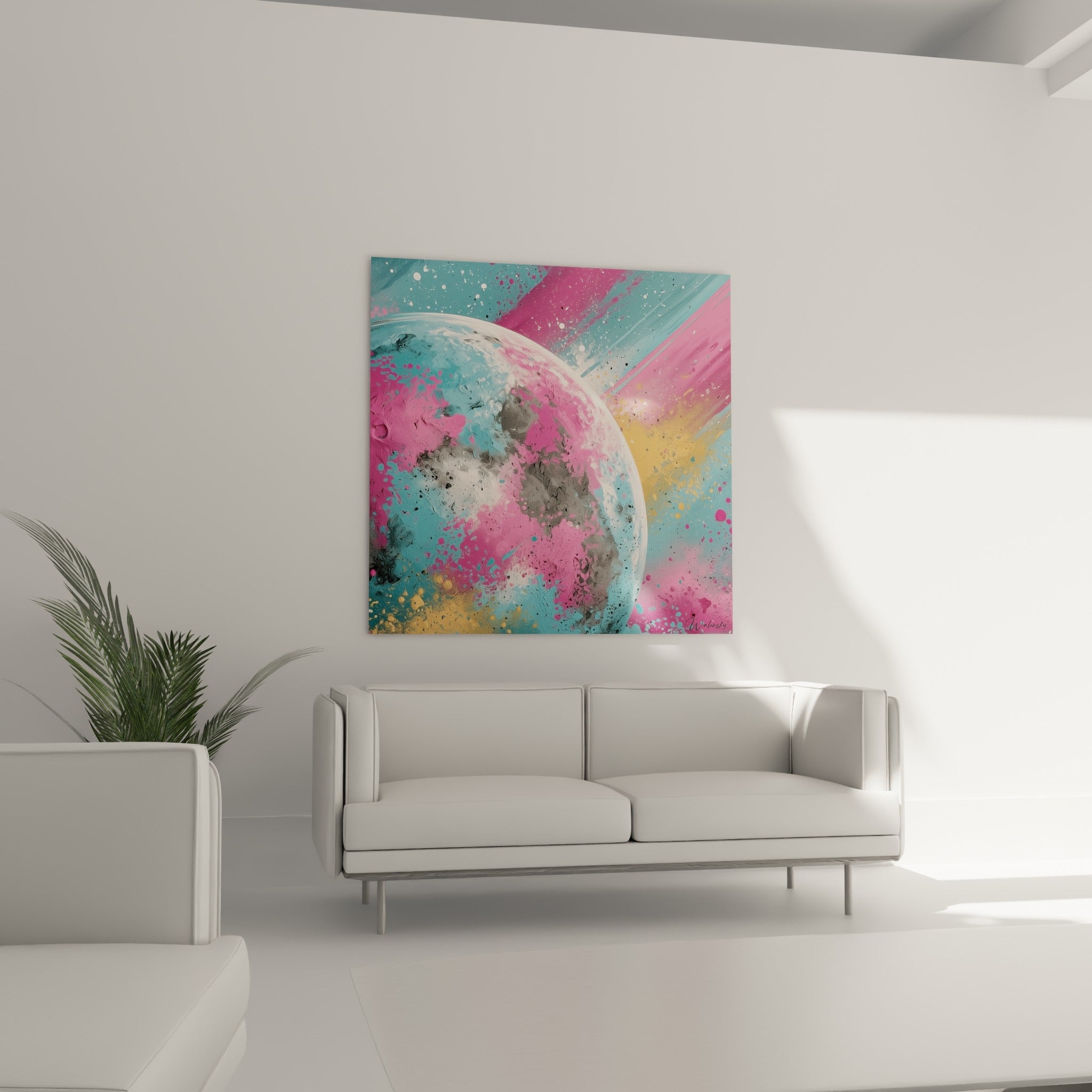 Astre coloré mêlant bleu pastel et magenta vif, suspendu au-dessus d'un canapé dans un salon lumineux