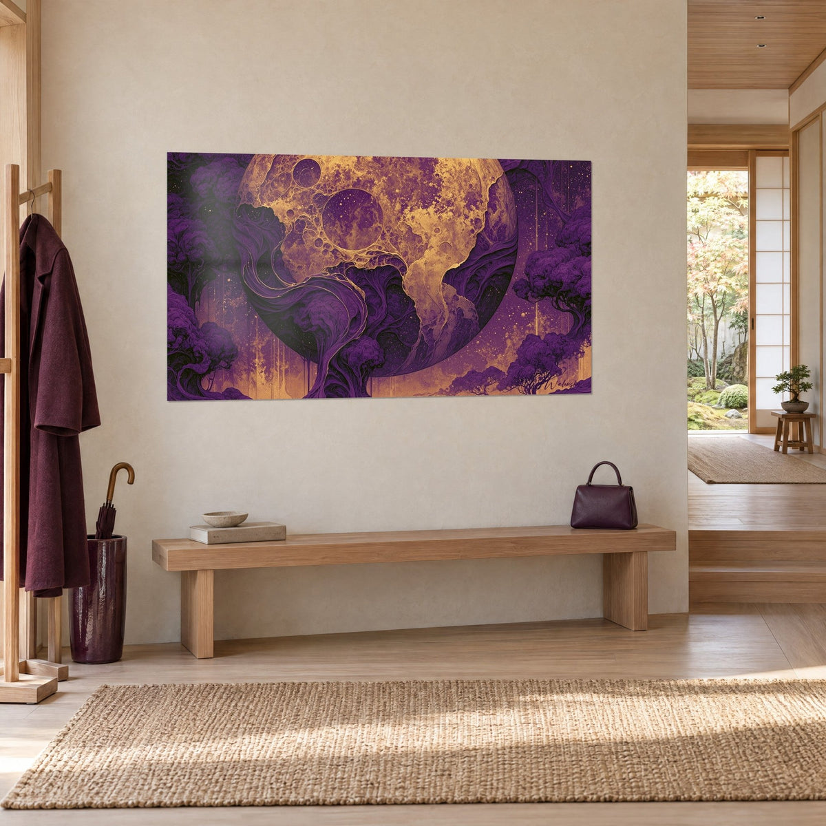 Wall art ochre celestial body surrounded by aubergine trees with dark swirls, hung on a cream wall beside a light wood bench