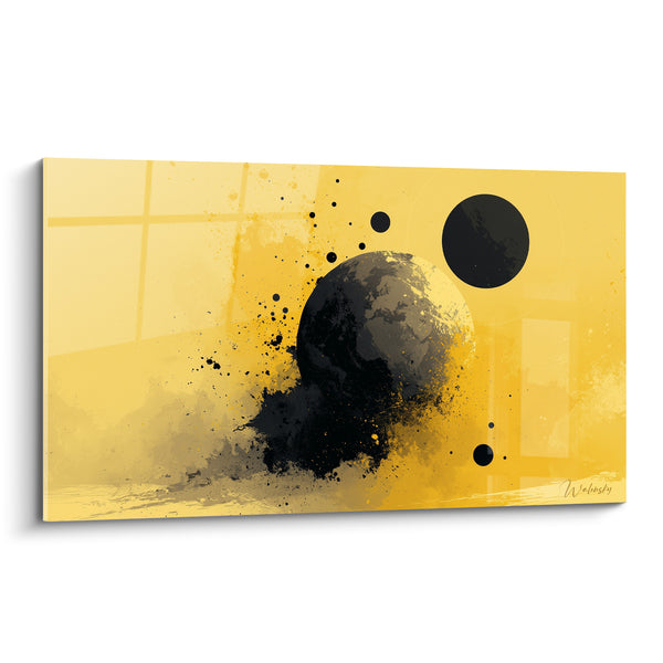 Tableau Sphère jaune et noire aux éclaboussures d'encre - Petite lune sombre - Edition Planète