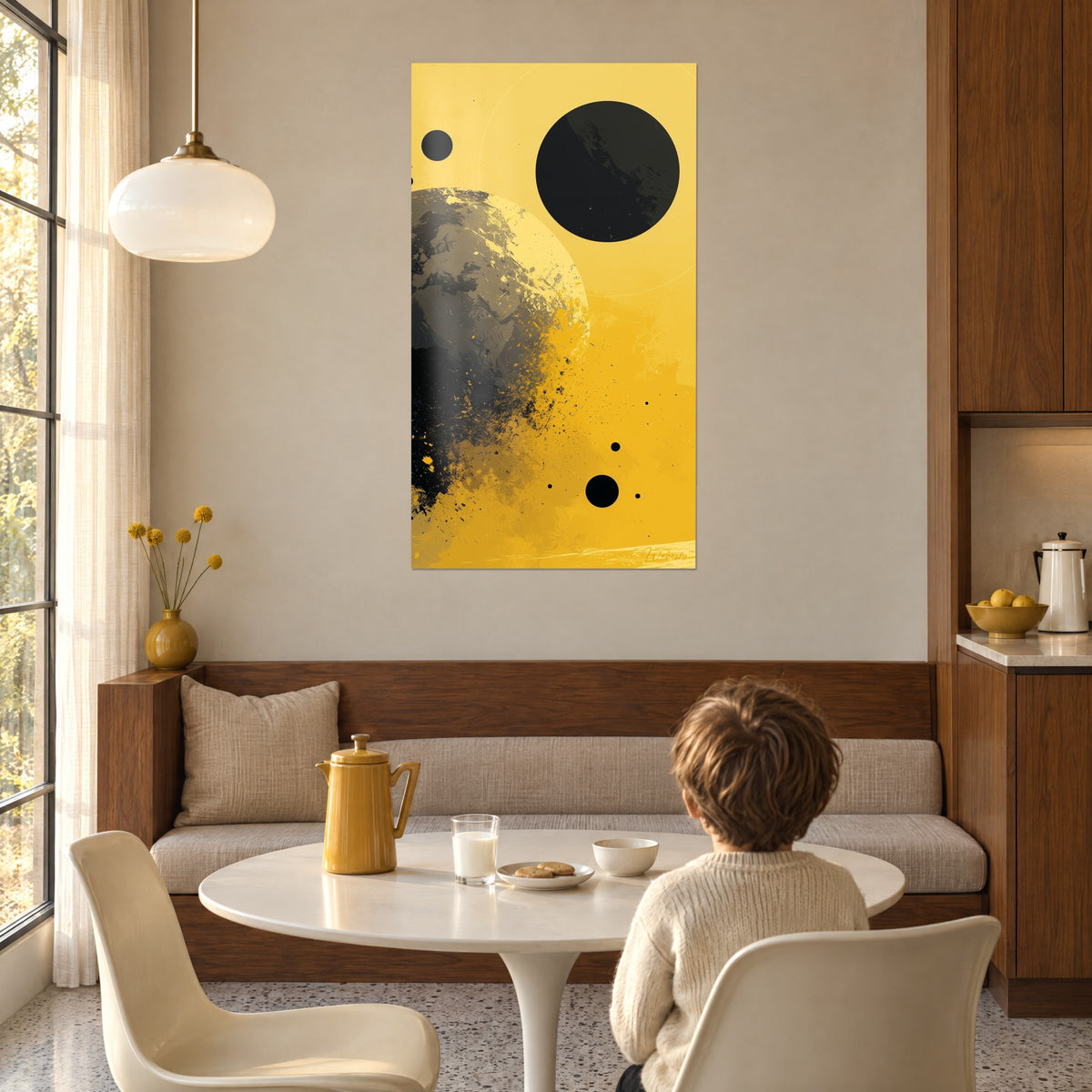 Tableau sphère terrestre craquelée gris charbon et jaune soleil, éclaboussures noires, enfant de dos près d'une table ronde blanche