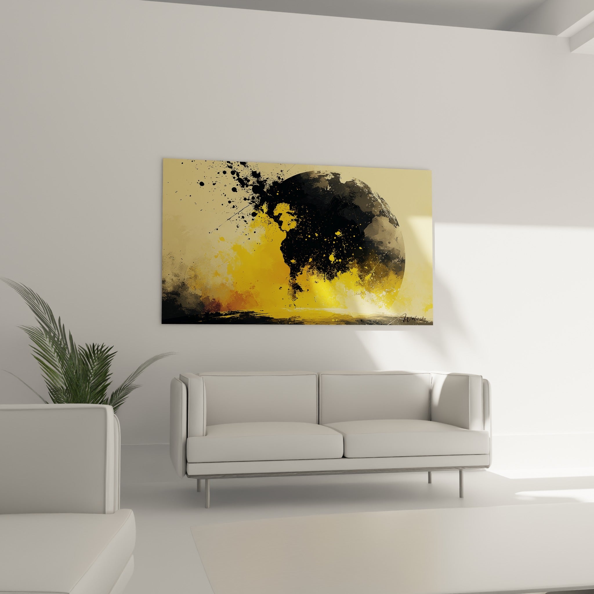 Sphère noire éclatée de touches dorées, tableau Planète disposé au-dessus d'un canapé dans un salon lumineux