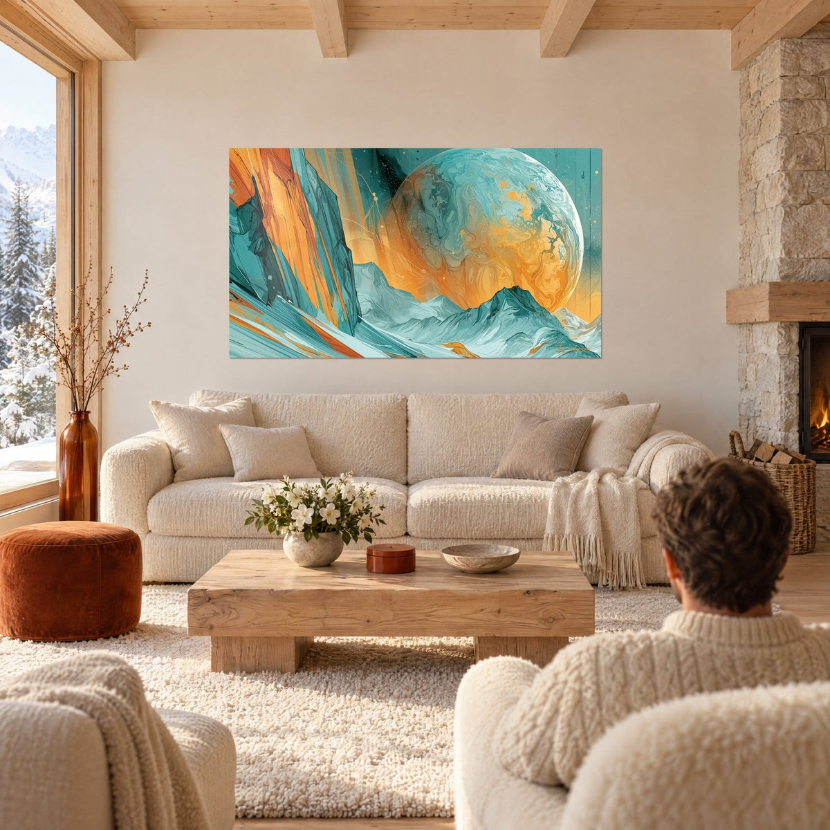 Tableau planète géante turquoise veinée d'ambre dominant des crêtes glacées, au-dessus d'un canapé dans un salon lumineux