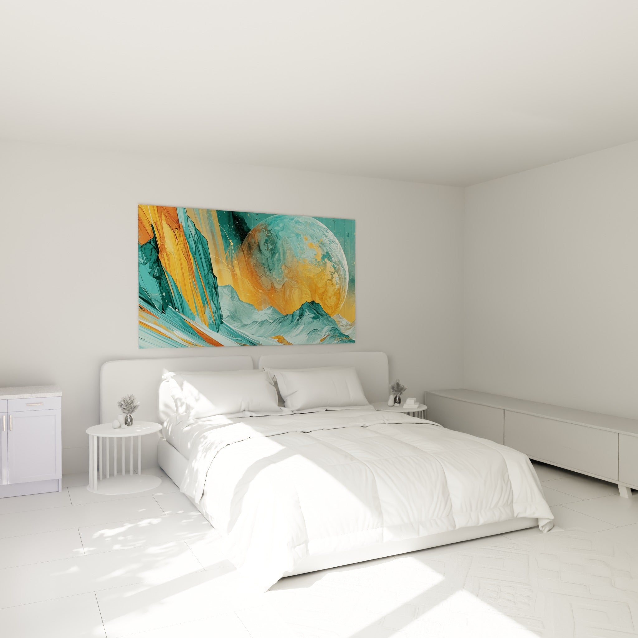 Sphère céleste ocre et bleu-vert accrochée au-dessus d'un lit dans une chambre claire