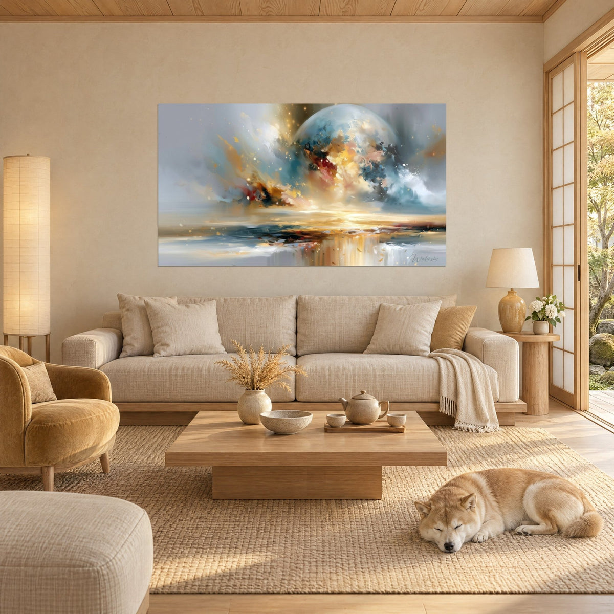 Schilderij maanbol met gouden en okerkleurige vonken, petrolblauwe reflecties, slapende shiba boven een bank in een lichte woonkamer