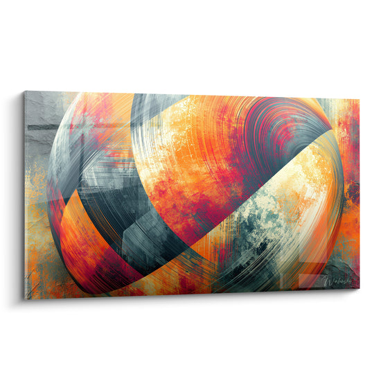 Tableau Sphère orange et gris anthracite aux bandes croisées - Texture balayée en spirale - Edition Planète