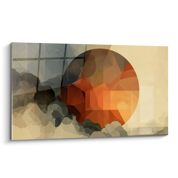 Tableau Sphère orange et anthracite aux facettes cristallines - Nuages géométriques gris - Edition Planète