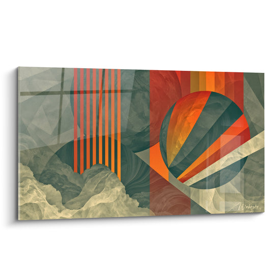 Sphère orange et vert fragmentée en rayons, bandes verticales terracotta, nuages minéraux beige en dessous