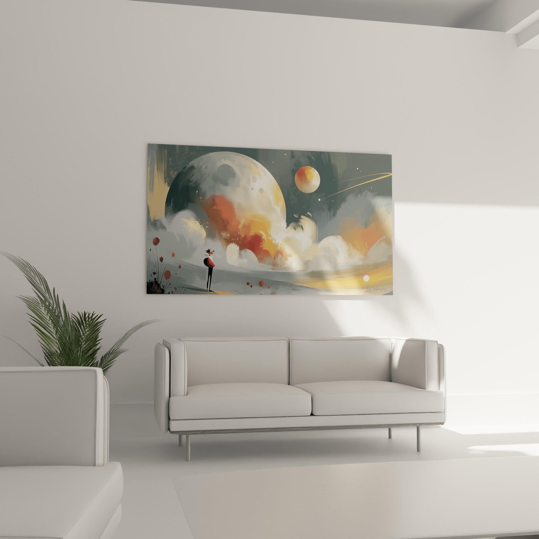 Personnage minuscule devant une planète blanche et une sphère orange, au-dessus d'un canapé dans un salon lumineux