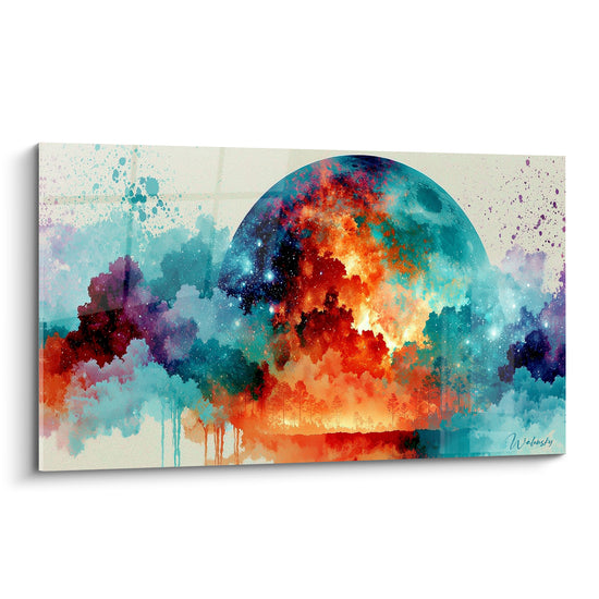 Sphère céleste orange et turquoise en aquarelle, forêt sombre reflétée dans une eau calme