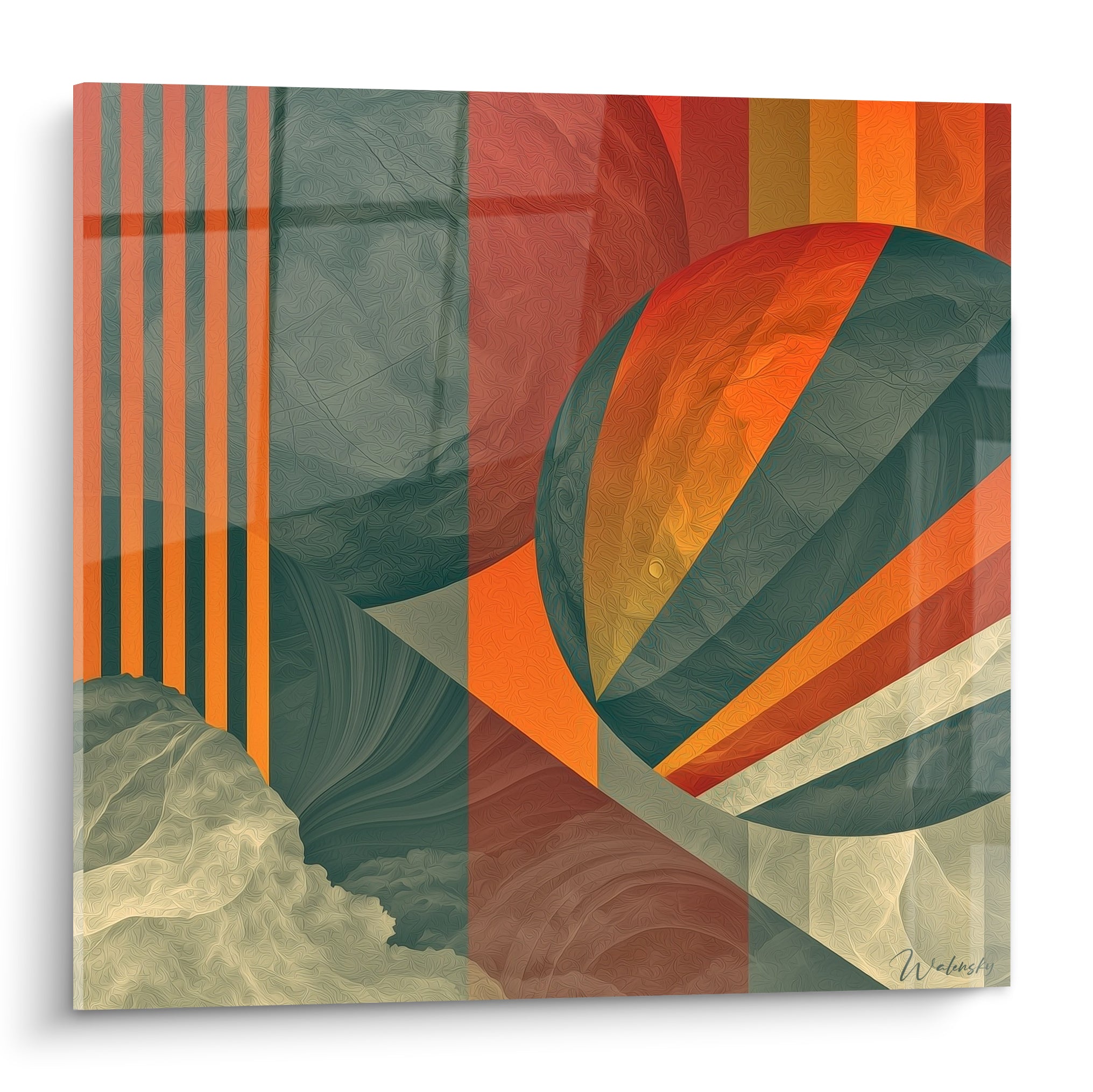 Sphère Planète orange et vert anthracite entourée de rayons géométriques et bandes texturées