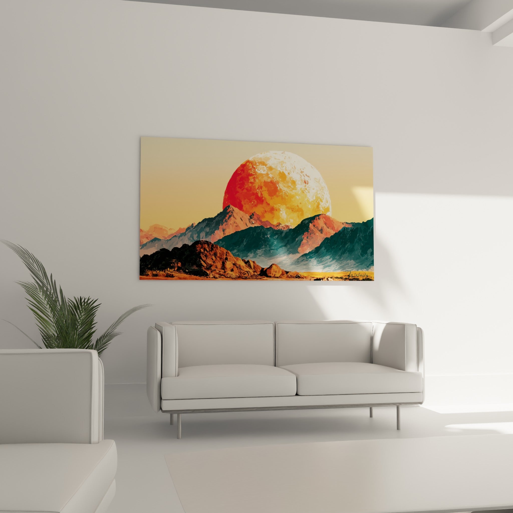 Sphère céleste dorée et corail au-dessus de montagnes bleutées, placée au-dessus d'un canapé dans un salon lumineux