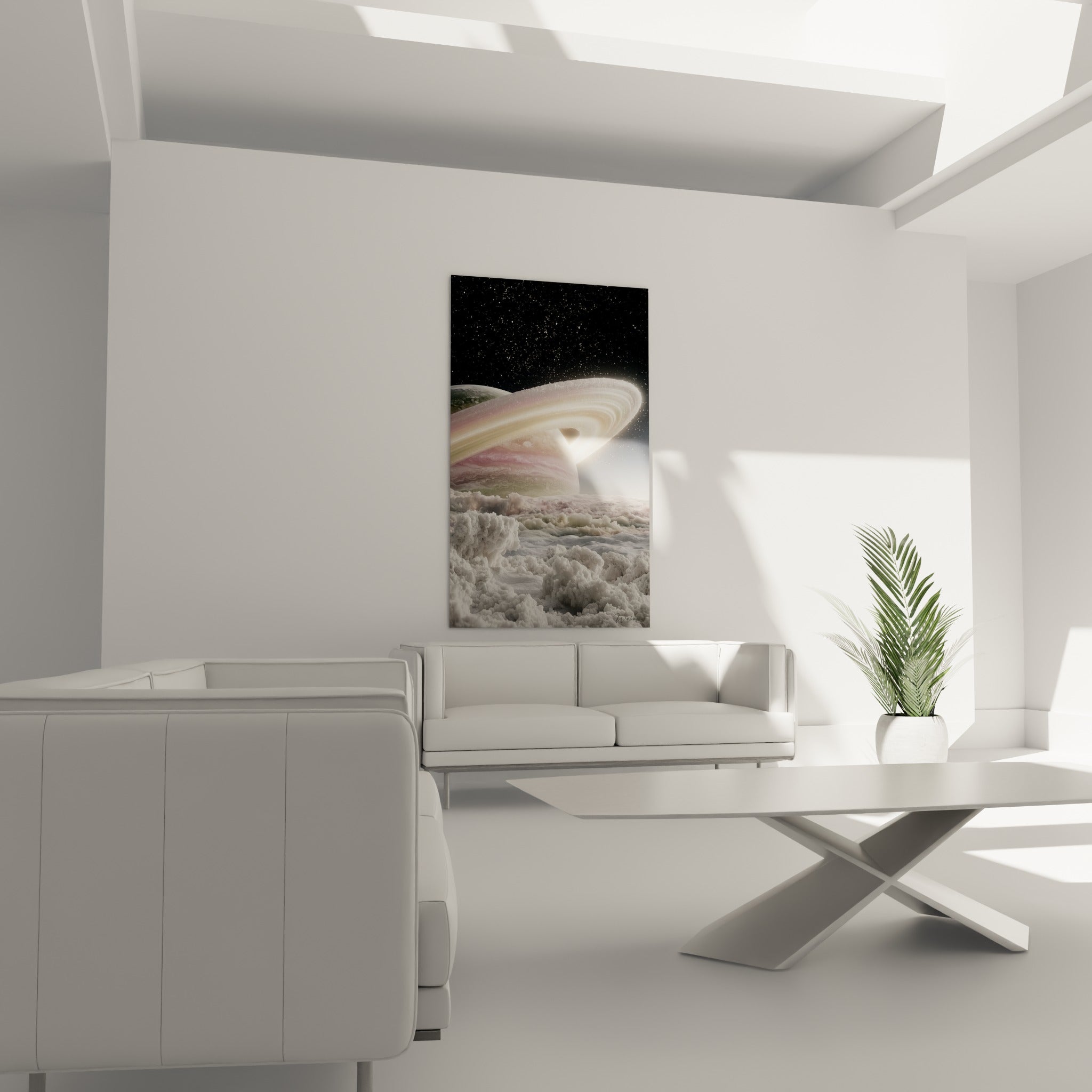 Sphère planétaire pêche et verte entourée d'anneaux lumineux, au-dessus d'un canapé dans un salon lumineux