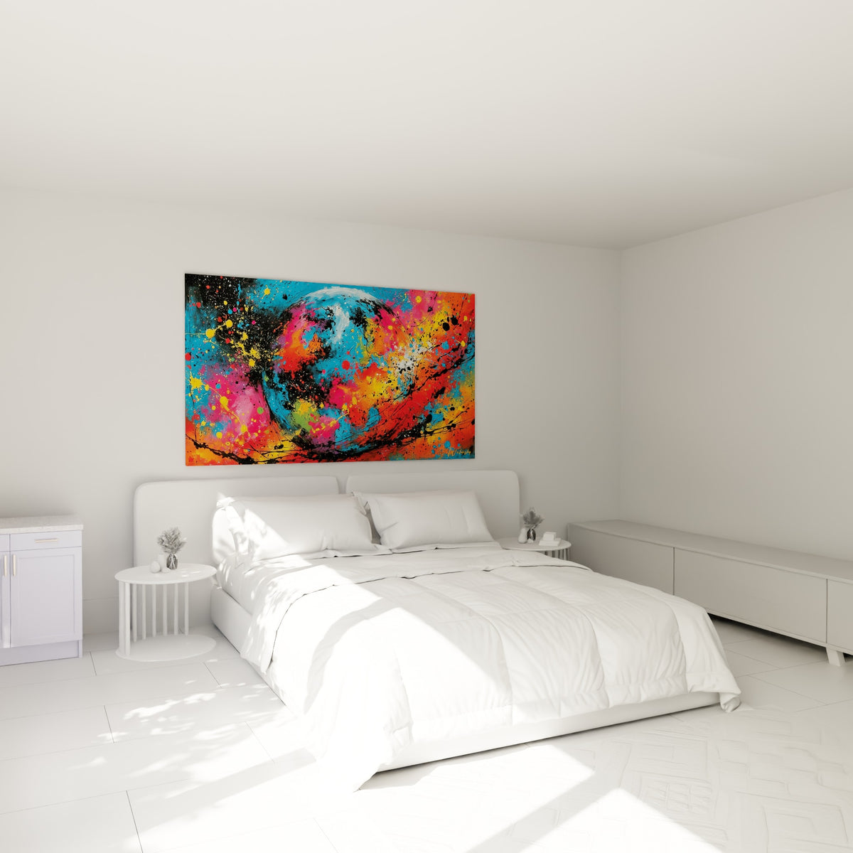 Sphère terrestre colorée aux tons orange et bleu, accrochée au-dessus d'un lit dans une chambre claire