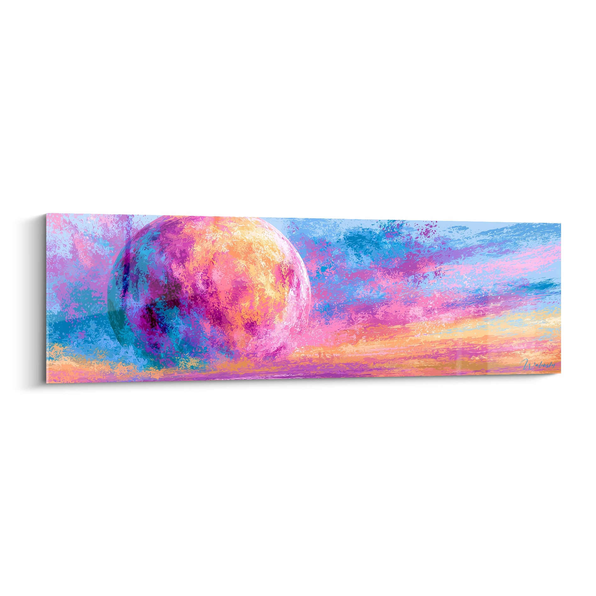 Sphère planétaire rose et turquoise aux empâtements dorés, œuvre picturale panoramique sur ciel abstrait