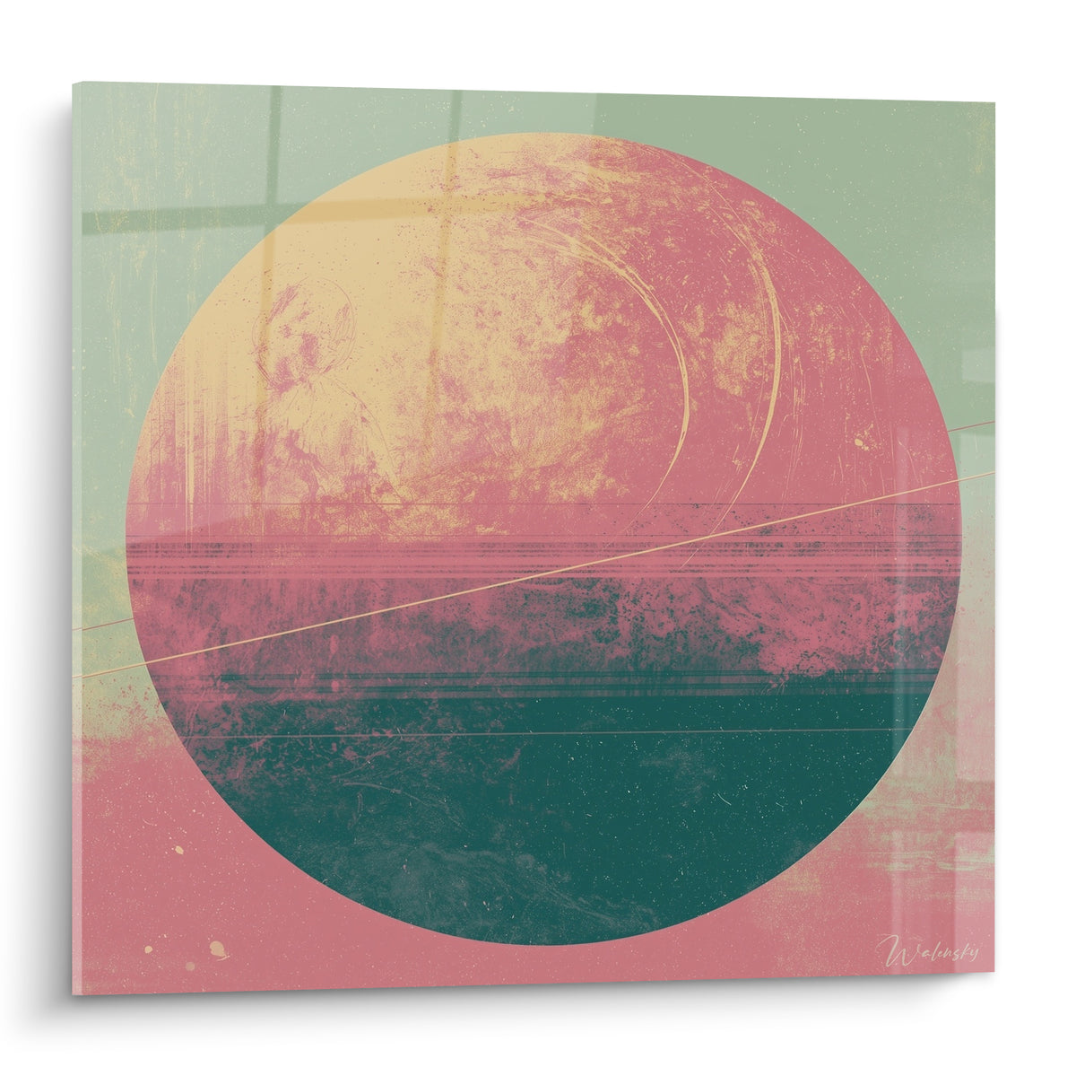 Planète circulaire aux teintes rose fuchsia, jaune doré et vert anthracite texturée façon aquarelle