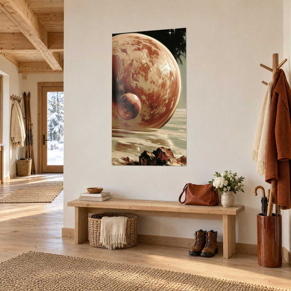Wall art of an ochre globe streaked with russet brushstrokes, round moon below, starry black sky, in the entrance of a chalet