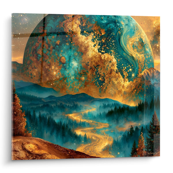 Tableau Planète turquoise et dorée sur forêt de conifères - Rivière serpentine dorée - Edition Planète