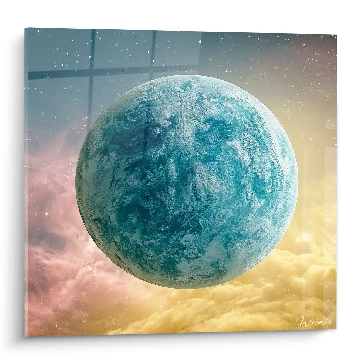 Planète turquoise aux tourbillons anthracite flottant dans une nébuleuse rose et dorée étoilée
