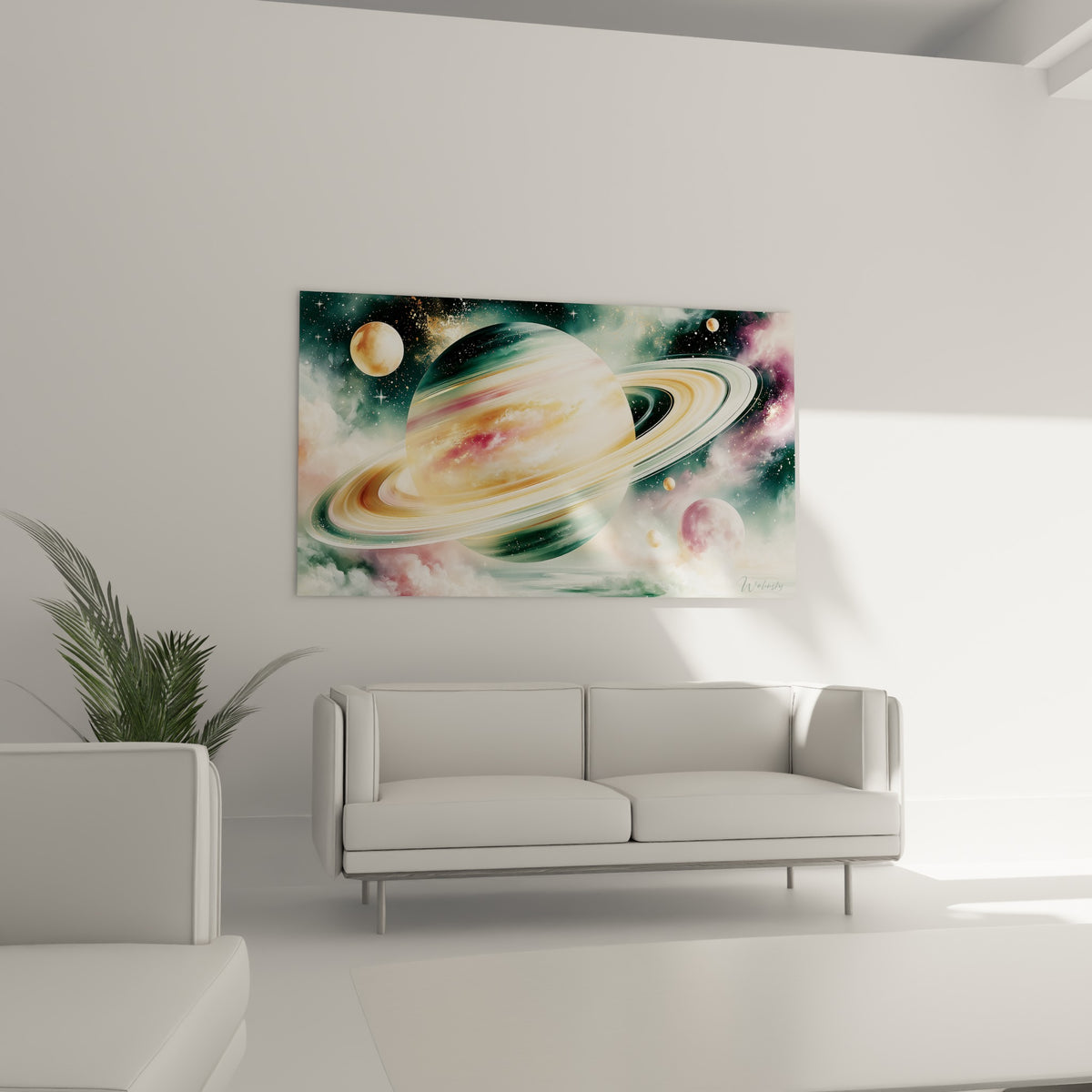 La sphère cosmique vert sauge et dorée orne un mur au-dessus d'un canapé dans un salon lumineux