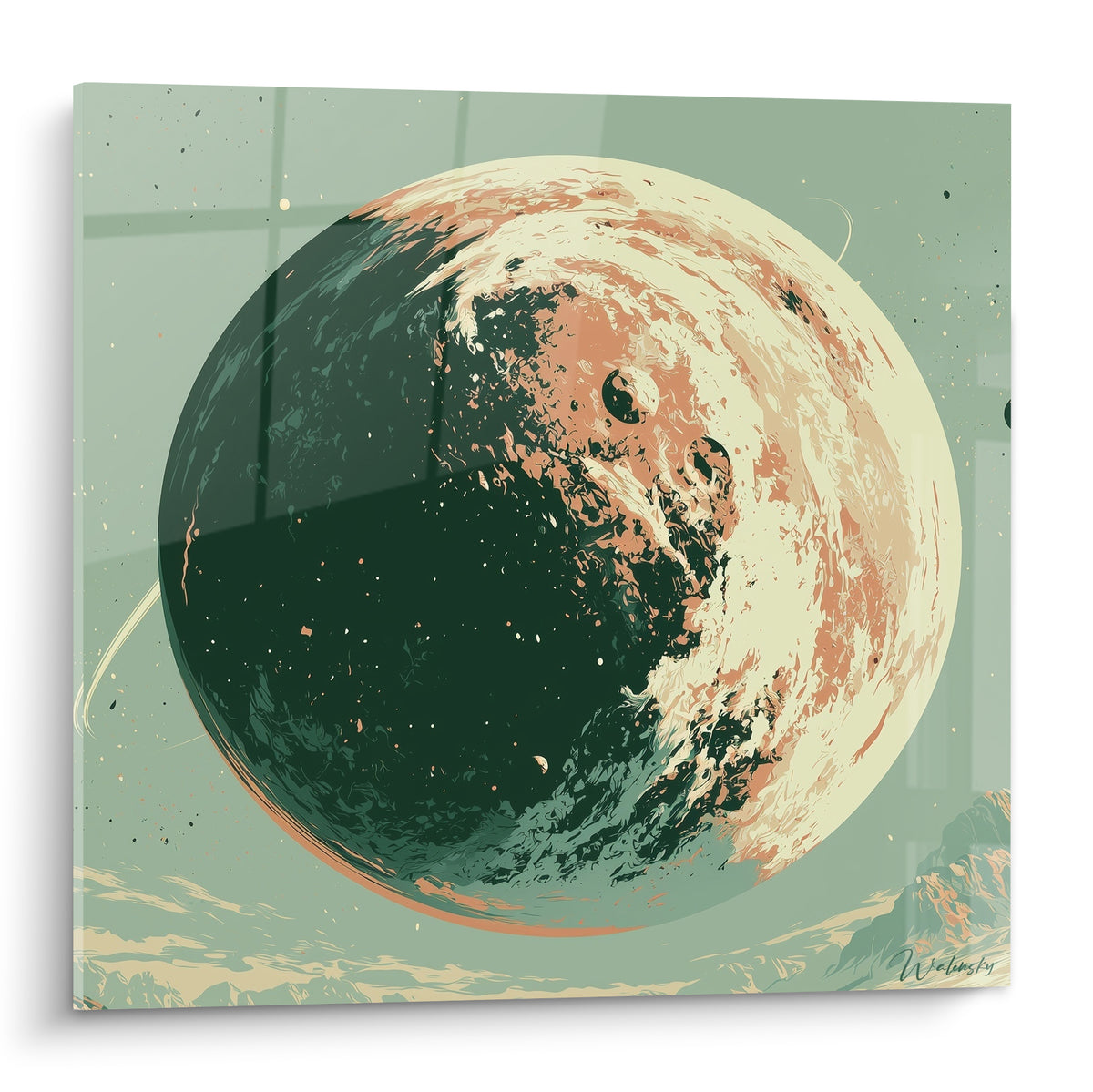 Planète sphérique vert sauge et terracotta, moitié sombre et moitié lumineuse cratérisée