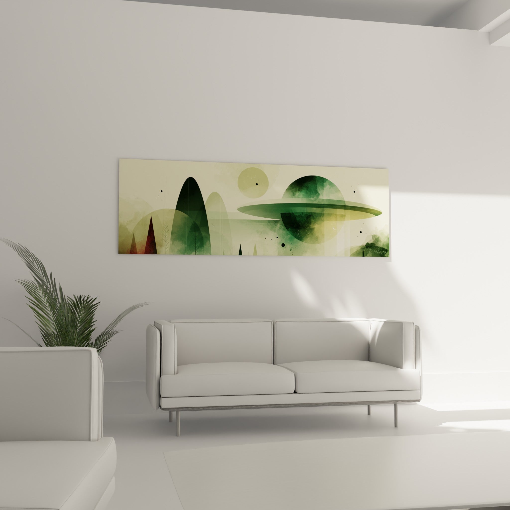 Montagnes vert sapin et planète dorée de ce tableau Planète au-dessus d'un canapé dans un salon lumineux