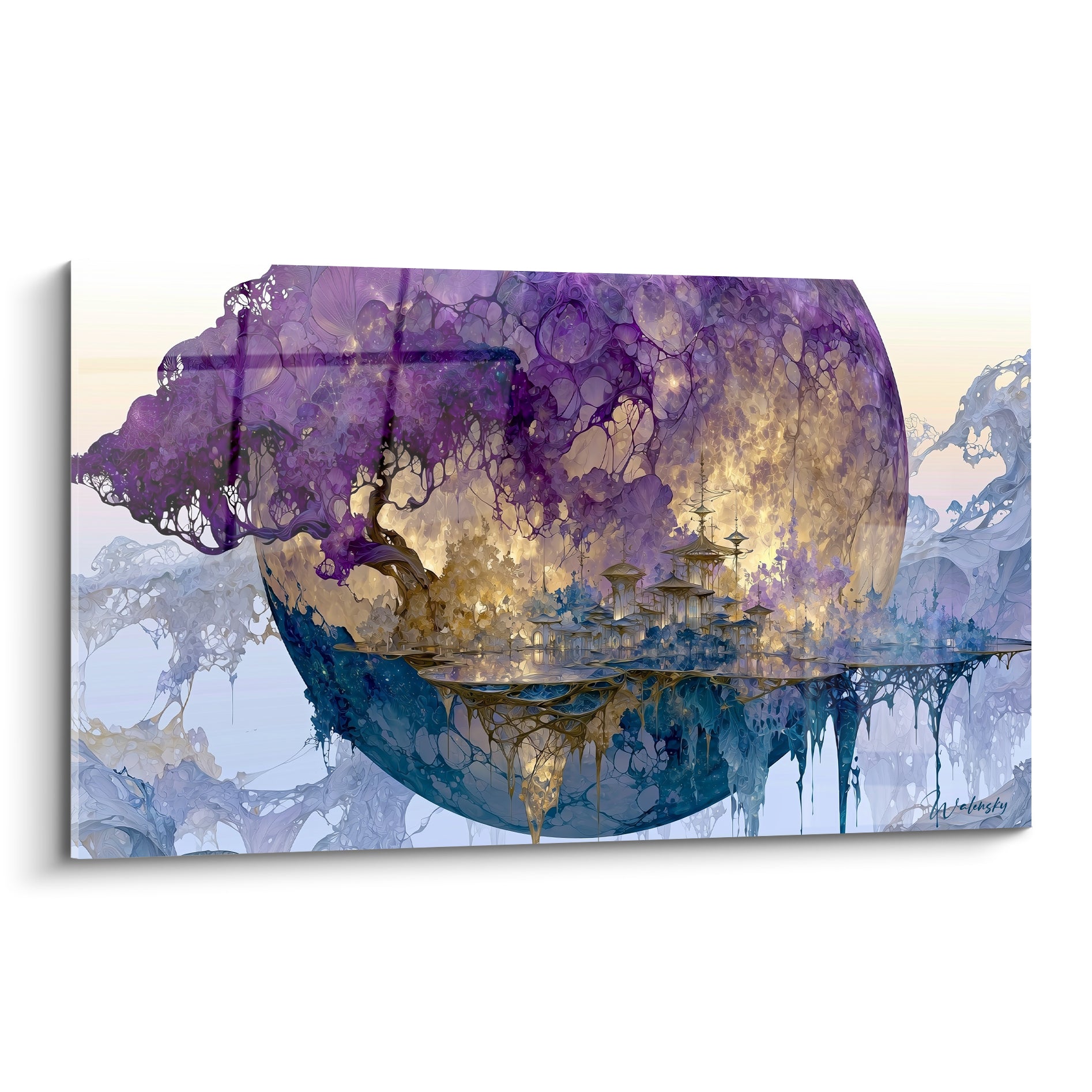 Sphère flottante violette et dorée abritant une cité aux toits de pagodes, style onirique fractal