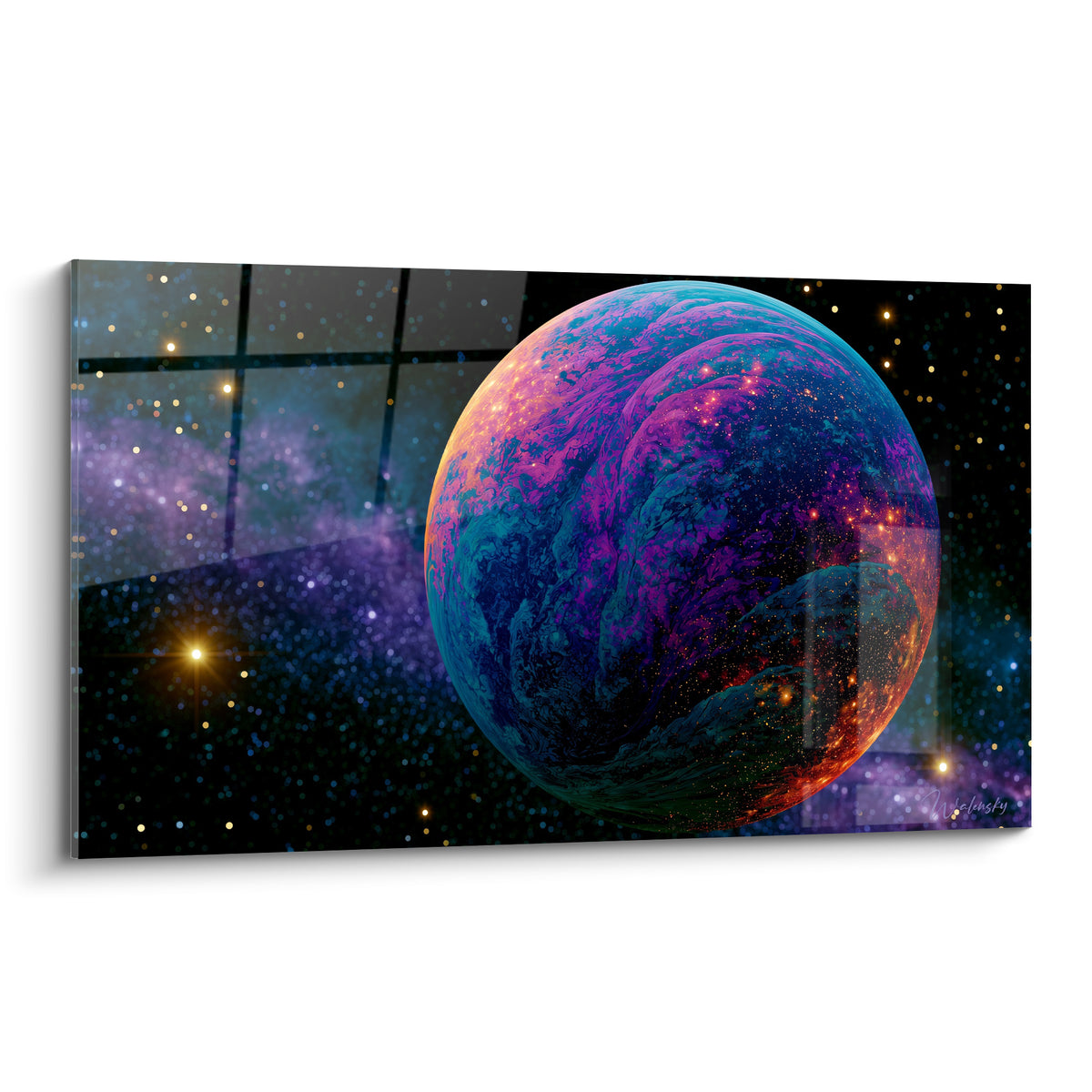 Sphère planète violette et bleu marine flottant dans un ciel étoilé orangé et noir profond