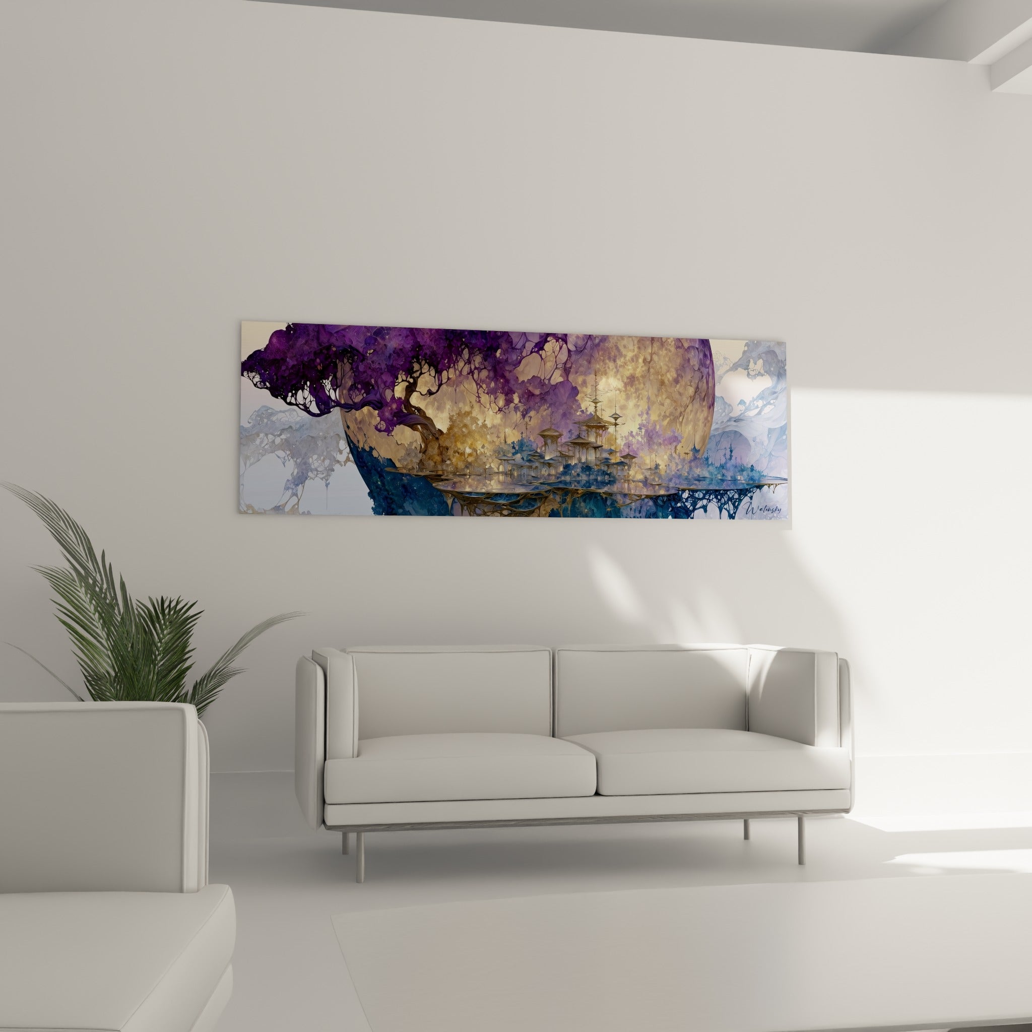 Architecture céleste dorée et violette du tableau Planète, disposée au-dessus d'un canapé dans un salon lumineux