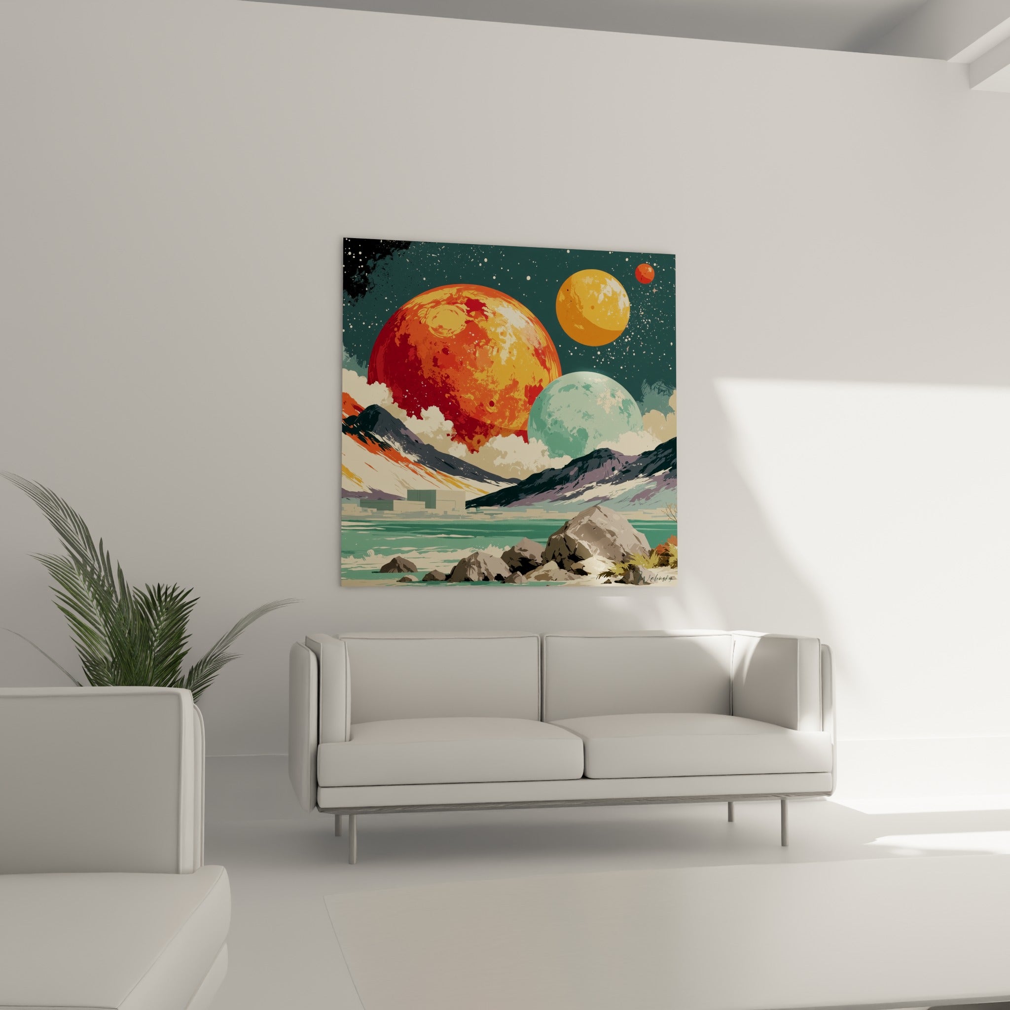 Sphères orange et turquoise flottent sur fond de montagnes violettes, au-dessus d'un canapé dans un salon lumineux.