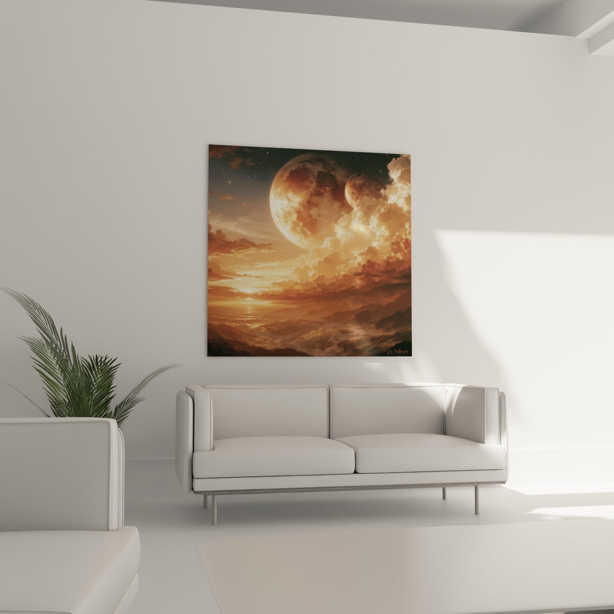 Sphères lunaires ocre et ciel anthracite étoilé, tableau installé au-dessus d'un canapé dans un salon lumineux