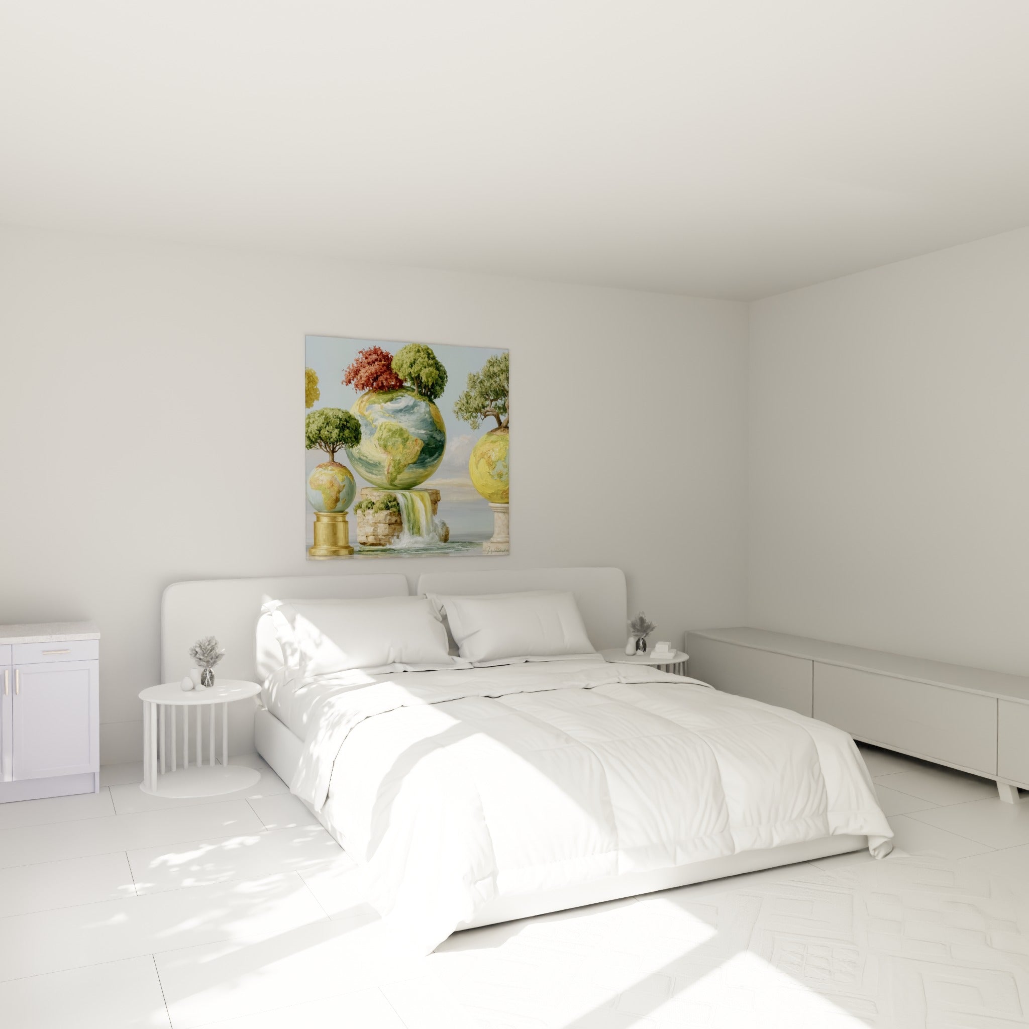 Sphères terrestres vertes et ocres couronnées d'arbres, tableau Planète accroché au-dessus d'un lit dans une chambre claire