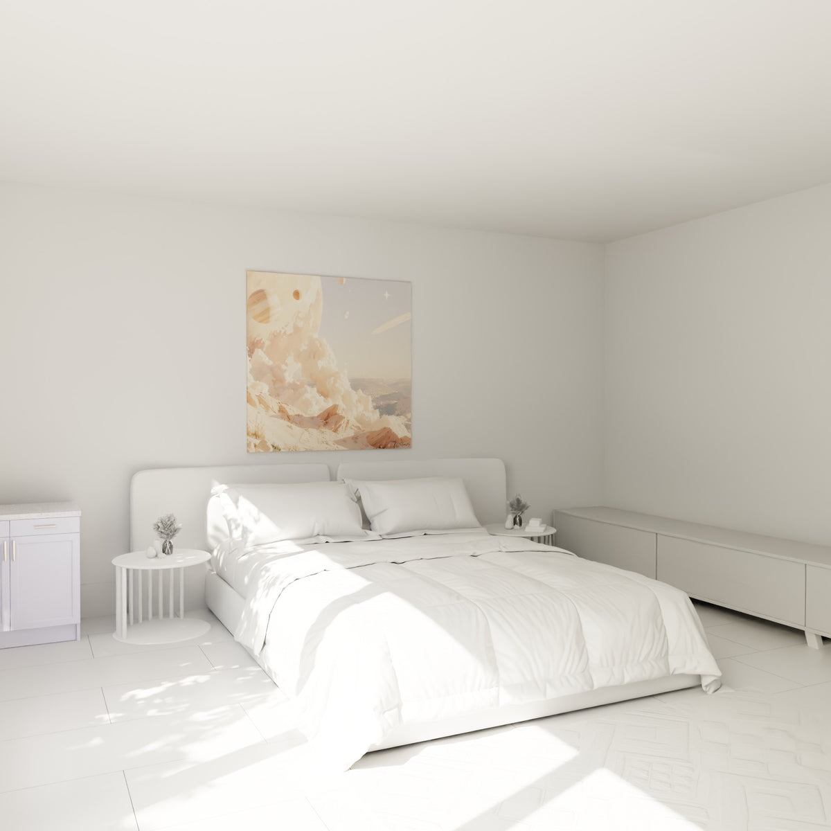 Sphères planétaires beige et gris pastel surplombent des nuages roses, au-dessus d'un lit dans une chambre claire