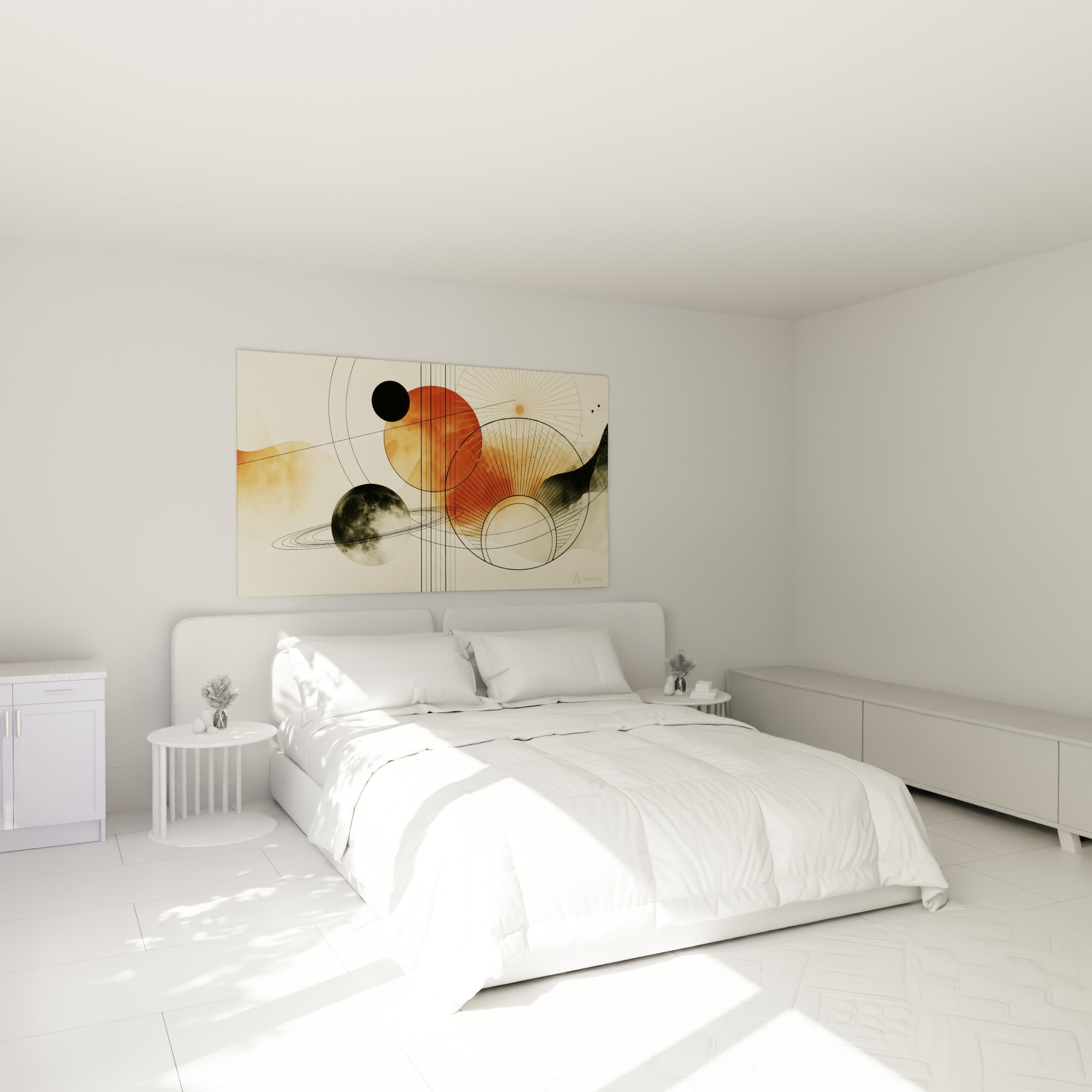 Sphères cosmiques terracotta et anthracite accrochées au-dessus d'un lit dans une chambre claire