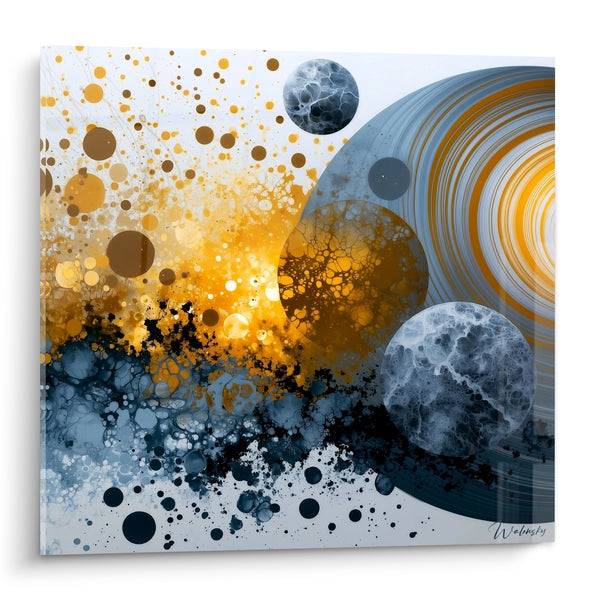 Tableau Sphères marbrées dorées et bleu ardoise éclatées - Bulles en cascade - Edition Planète