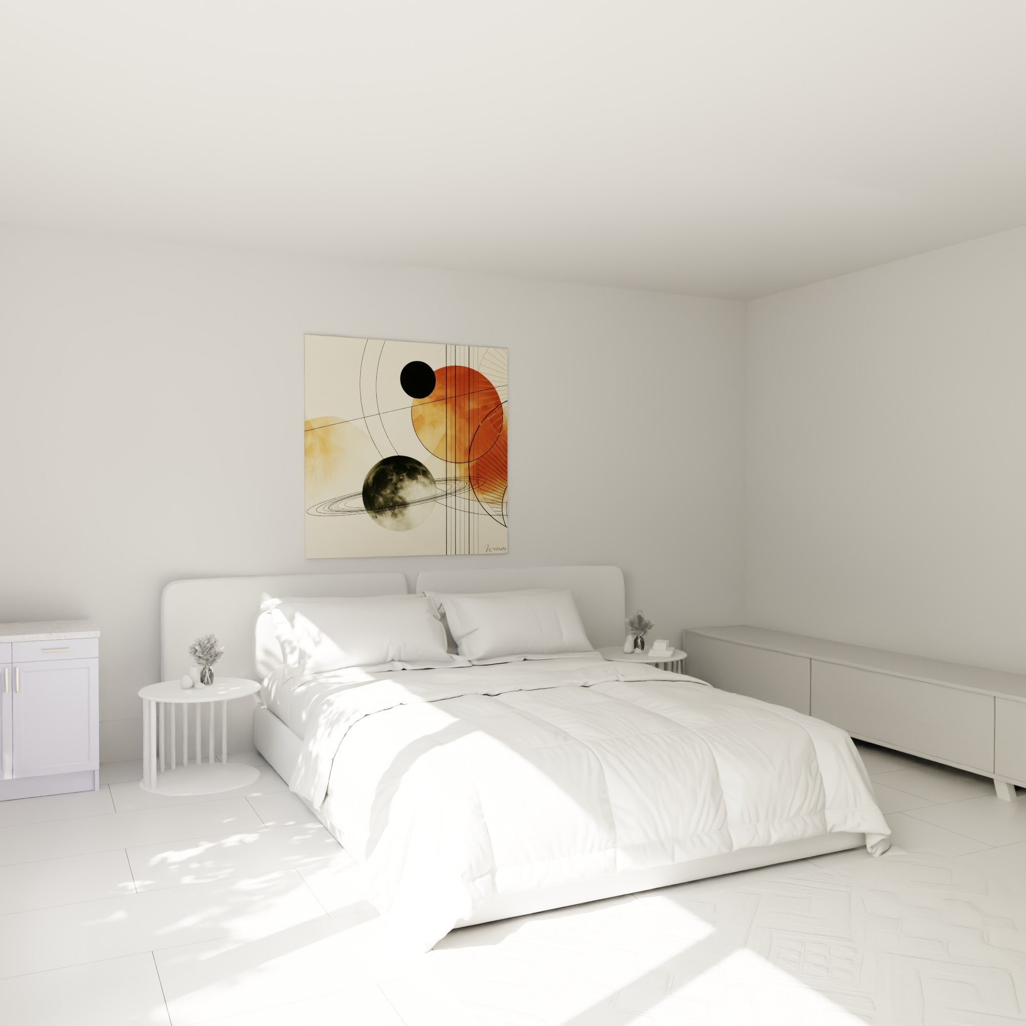 Sphère anthracite aux anneaux fins et disque terracotta suspendus au-dessus d'un lit dans une chambre claire.