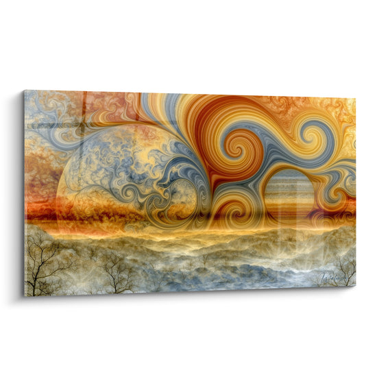 Sphères célestes Planète en tourbillons ocre et bleu marine sur fond de brume terrestre