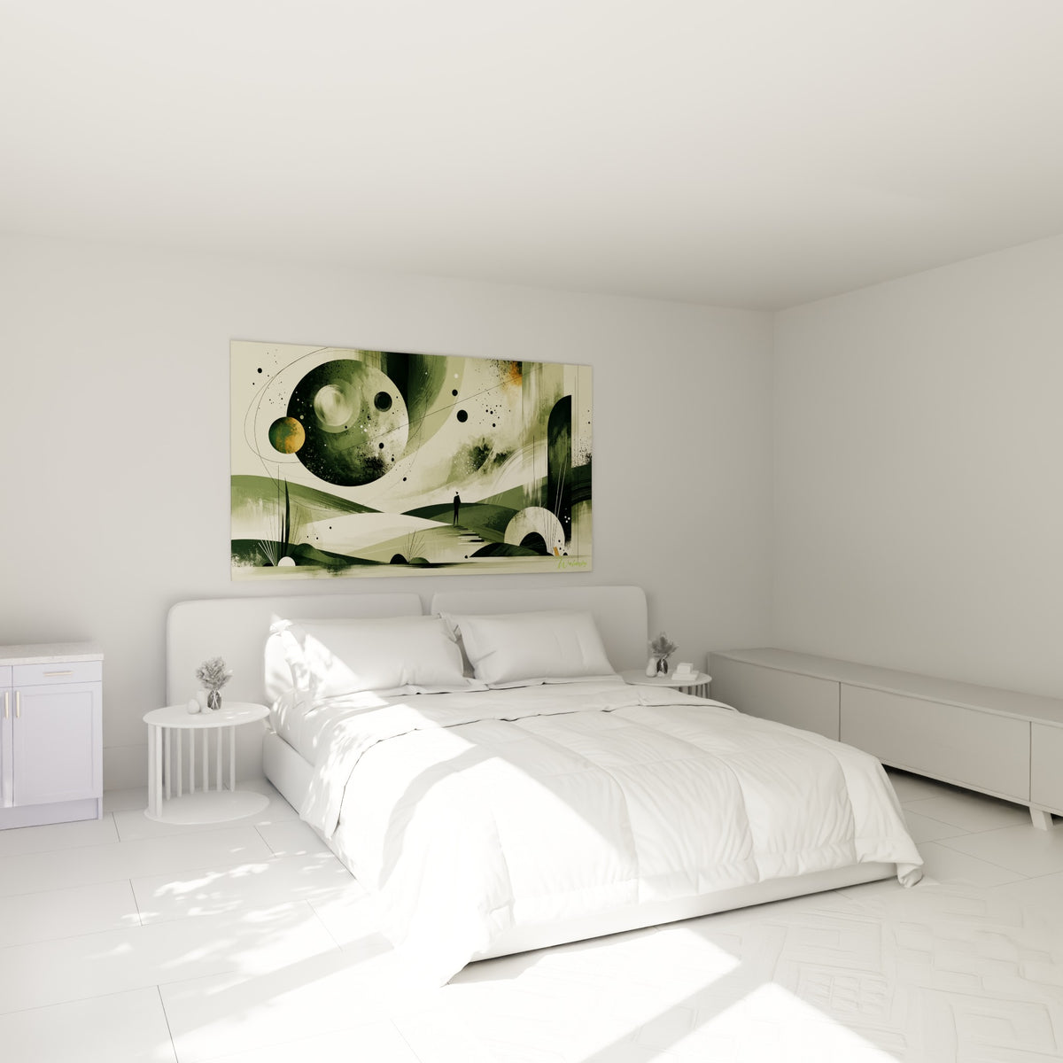 Sphères vert olive et ocre de ce tableau Planète accroché au-dessus d'un lit dans une chambre claire