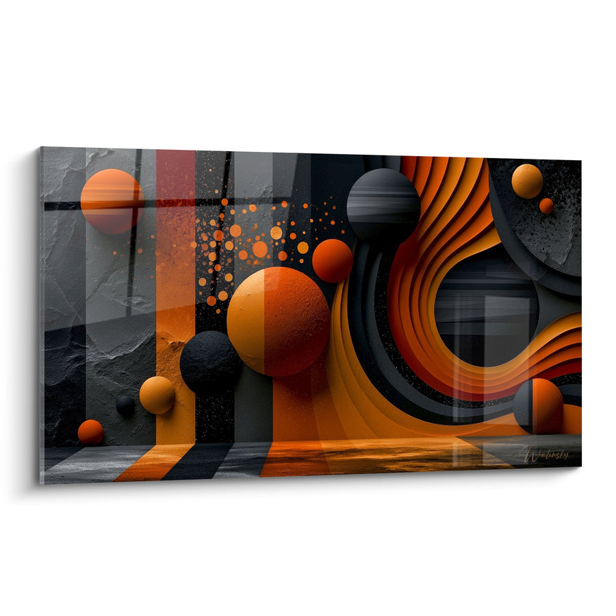 Tableau Sphères orange et noires aux vagues sculptées - Vortex en spirale ondulé - Edition Planète