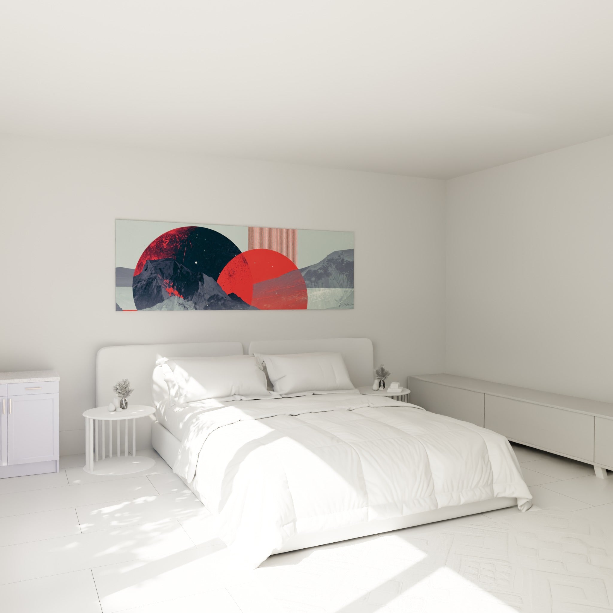 Sphères rouge et noire se chevauchant au-dessus d'un lit dans une chambre claire aux tons neutres.