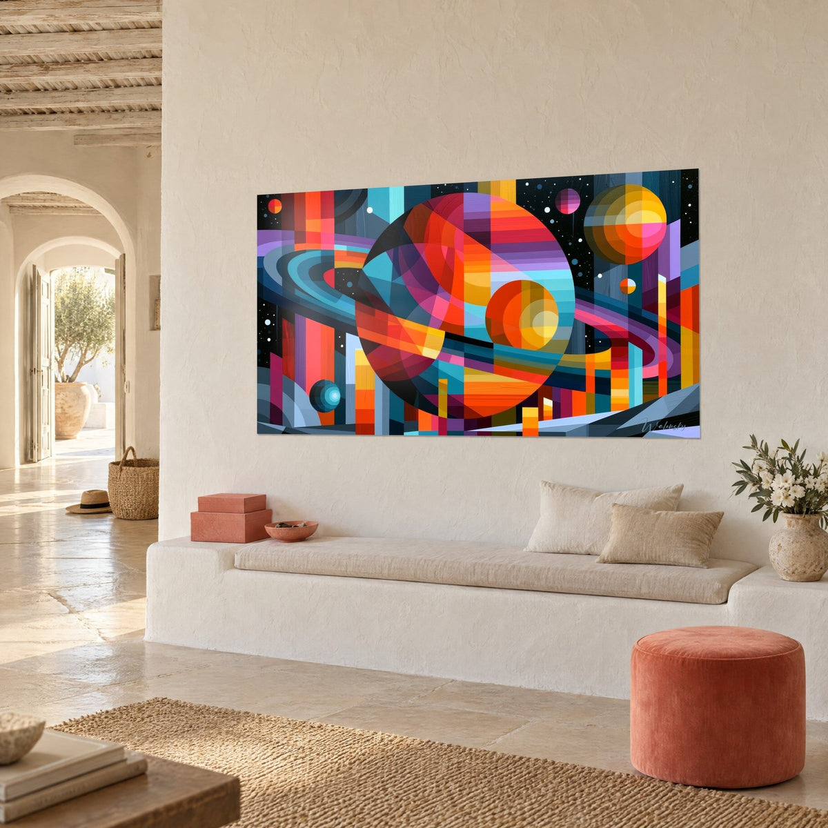 Gemälde eines kosmischen Globus mit scharlachroten und petrolblauen Streifen, purpurnem Ring, an einer weißen Wand neben einer hellen Sitzbank