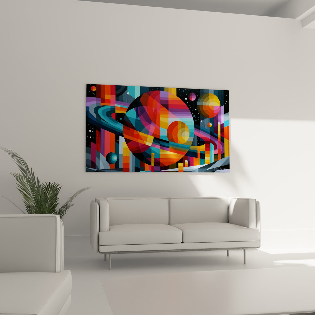 Sphère cosmique orange et bleu segmentée en facettes vives au-dessus d'un canapé dans un salon lumineux