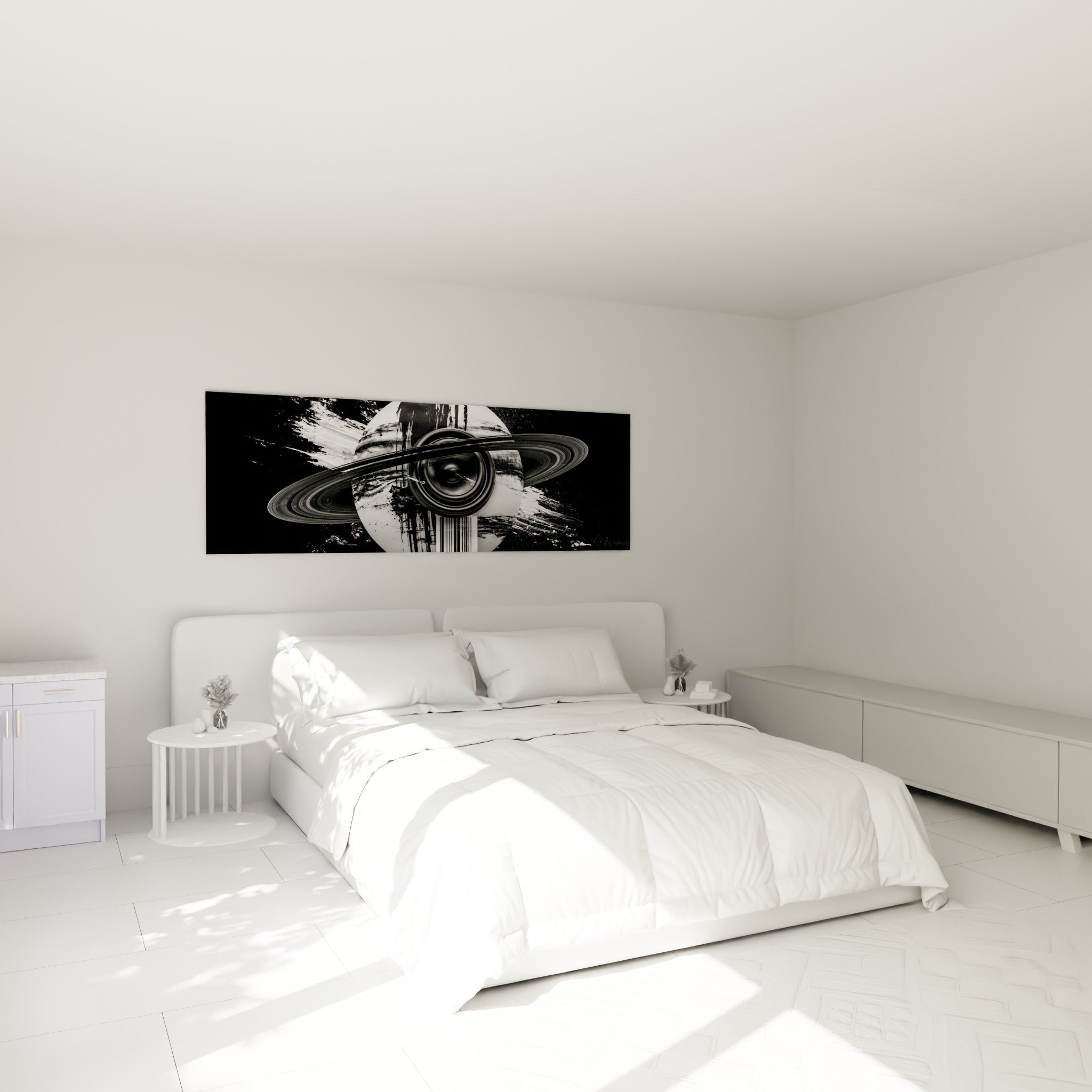 Sphère cosmique noir et blanc, anneaux sombres et traînées claires, au-dessus d'un lit dans une chambre claire