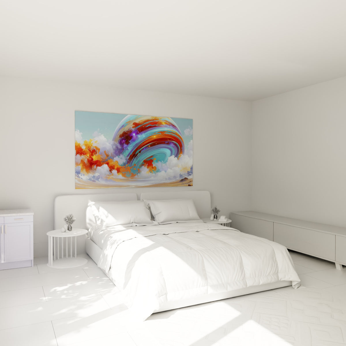 Sphère céleste orange et bleu turquoise nimbée d'étoiles, accrochée au-dessus d'un lit dans une chambre claire
