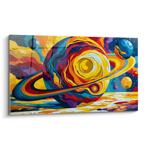 Tableau Planète annelée jaune et bleue en spirale multicolore - Petites lunes satellites voisines - Edition Planète