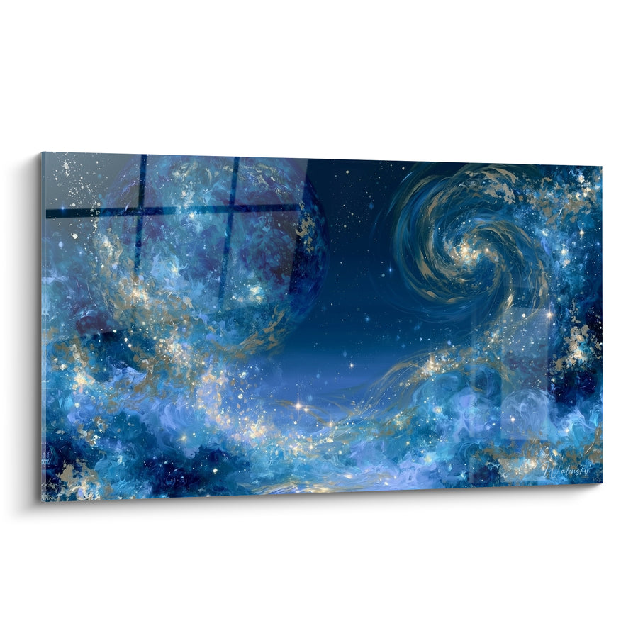 Dipinto Spirale cosmica blu e dorata del pianeta - Deriva stellare - Edizione Pianeta