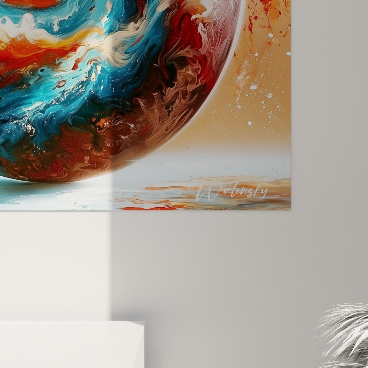 Empâtements orangés et bleu profond se mêlant en spirale, grain marbré, coulures rouges figées sur la toile