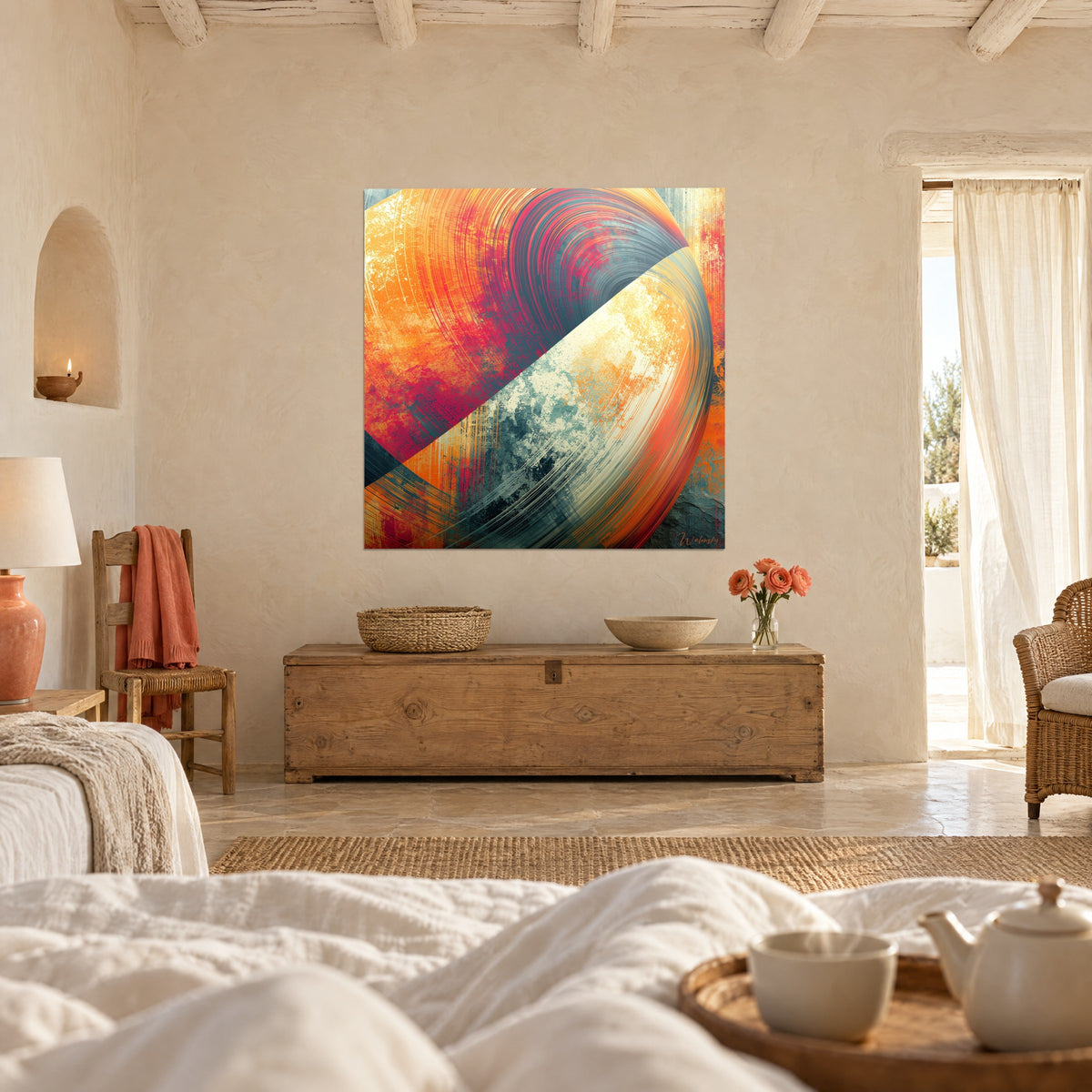 Tableau disque cosmique orange vif et gris anthracite, spirale texturée, face à une personne de dos, au-dessus d'un lit dans une chambre claire
