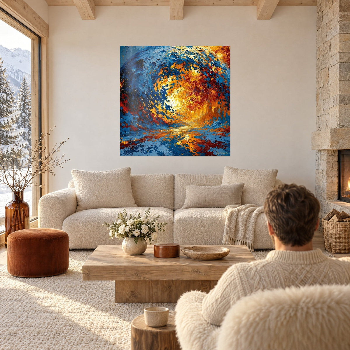 Wall art cosmic vortex in cobalt blue and blazing orange, thick impasto, above a sofa in a bright living room