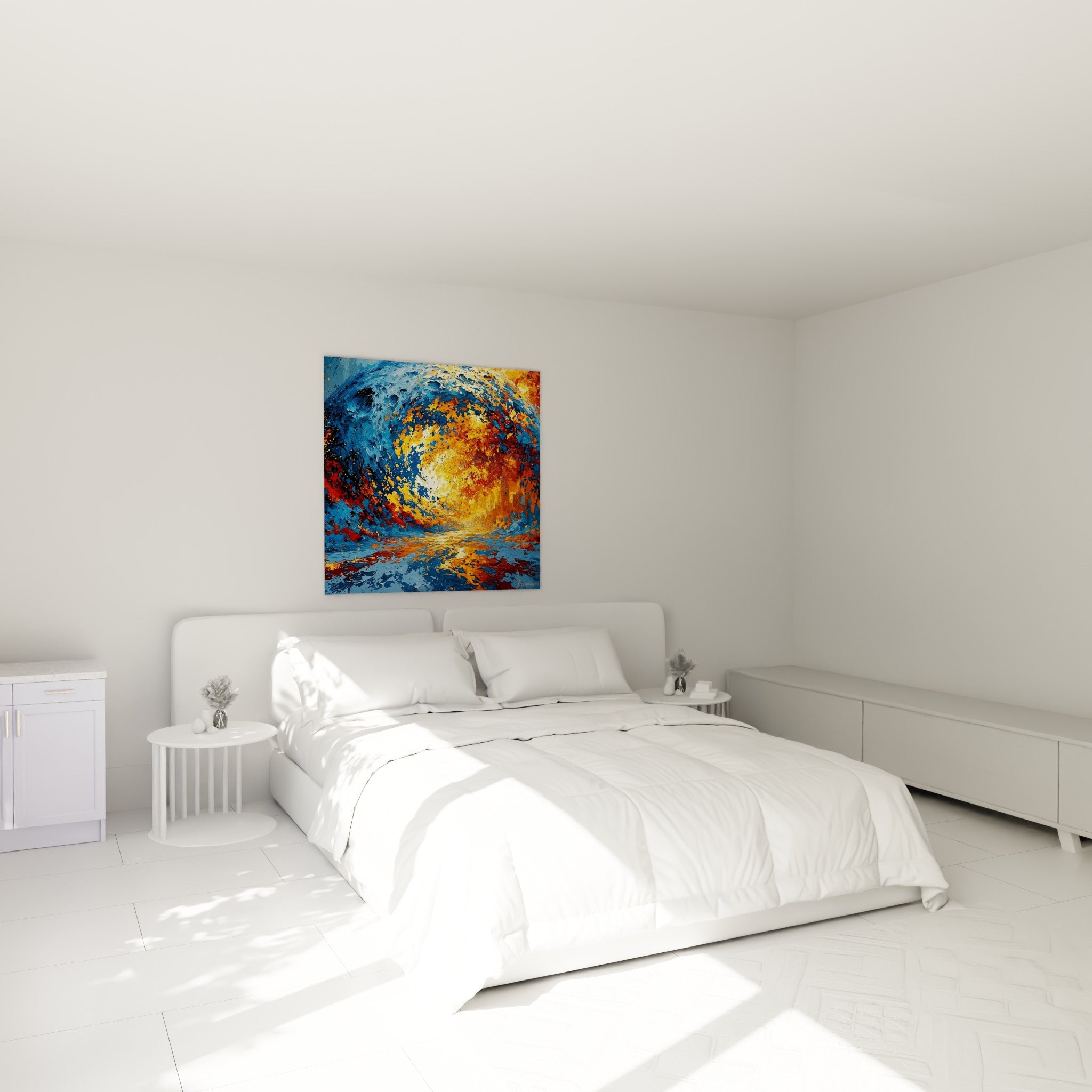 Tourbillon Planète bleu et terracotta accroché au-dessus d'un lit dans une chambre claire