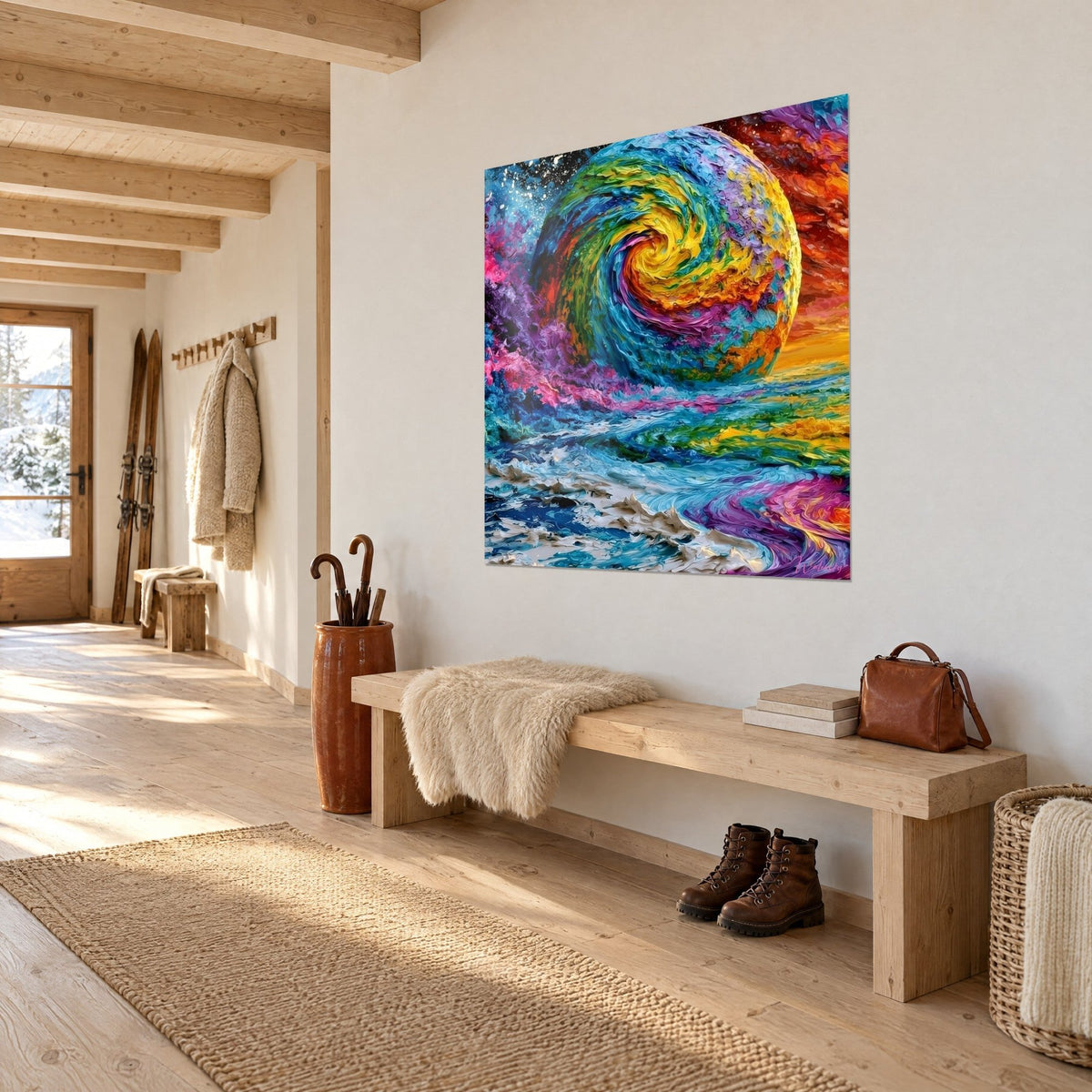 Tableau planète en spirale turquoise et orange, ciel violet rosé, vu de trois quarts sur un mur blanc de chalet, entrée en bois